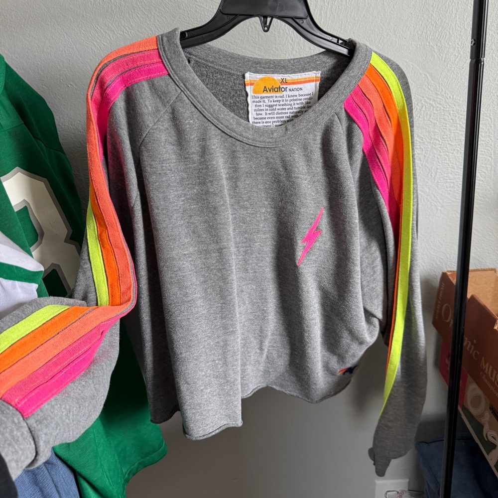 Aviator Nation neon 5 stripe crop sweatshirt